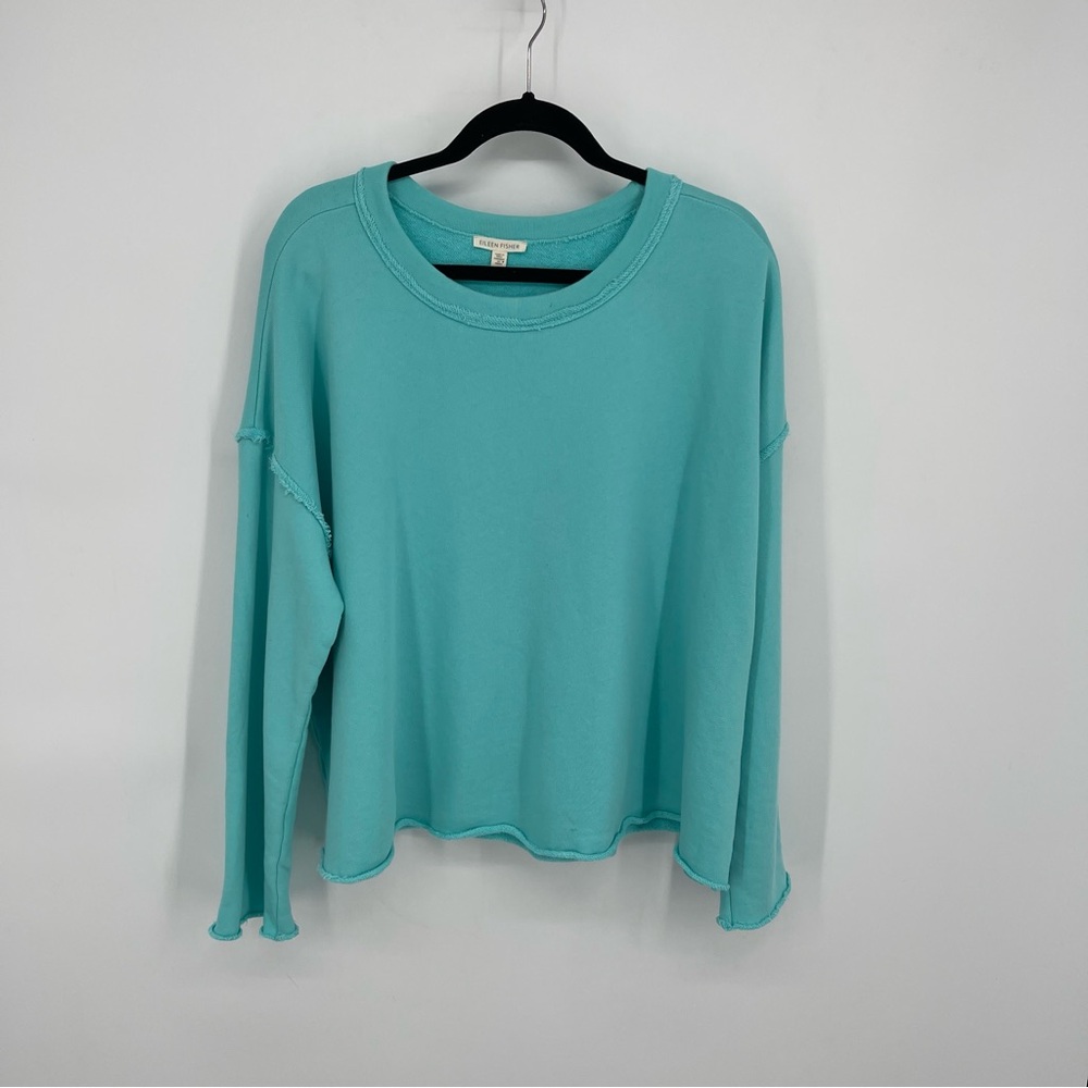 Eileen Fisher Organic Cotton Oversized Boxy Teal Long Sleeve Pullover Sweater